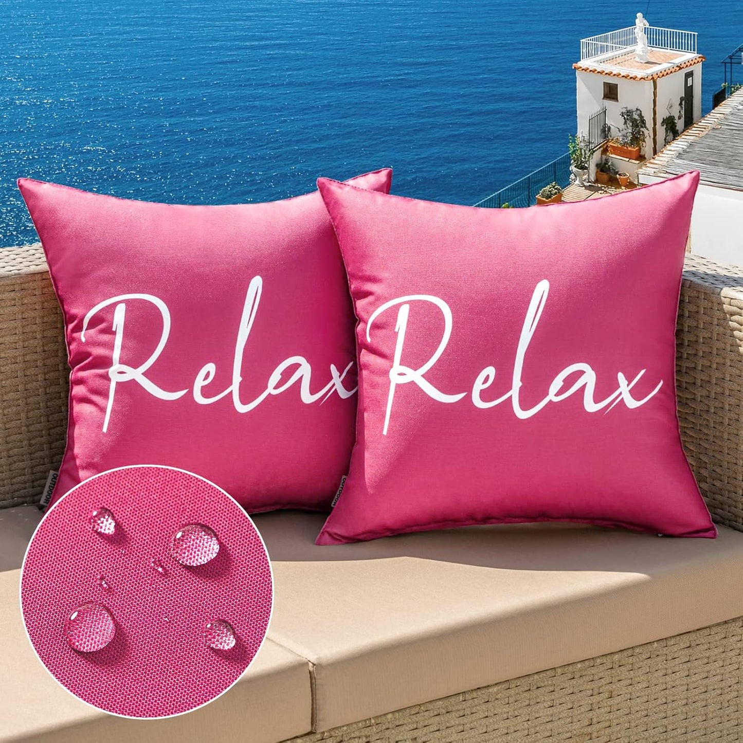 Outdoor Waterproof Throw Pillow Covers Set of 2 Relax Decorative Outdoor Square Pillowcases for Chair Patio Garden Couch Tent Balcony Sofa Hot Pink 18X18 Inch