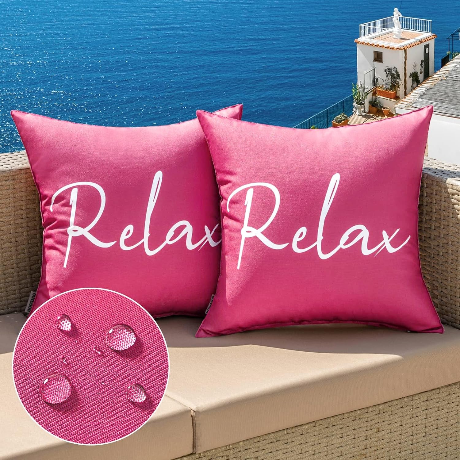 Outdoor Waterproof Throw Pillow Covers Set of 2 Relax Decorative Outdoor Square Pillowcases for Chair Patio Garden Couch Tent Balcony Sofa Hot Pink 18X18 Inch