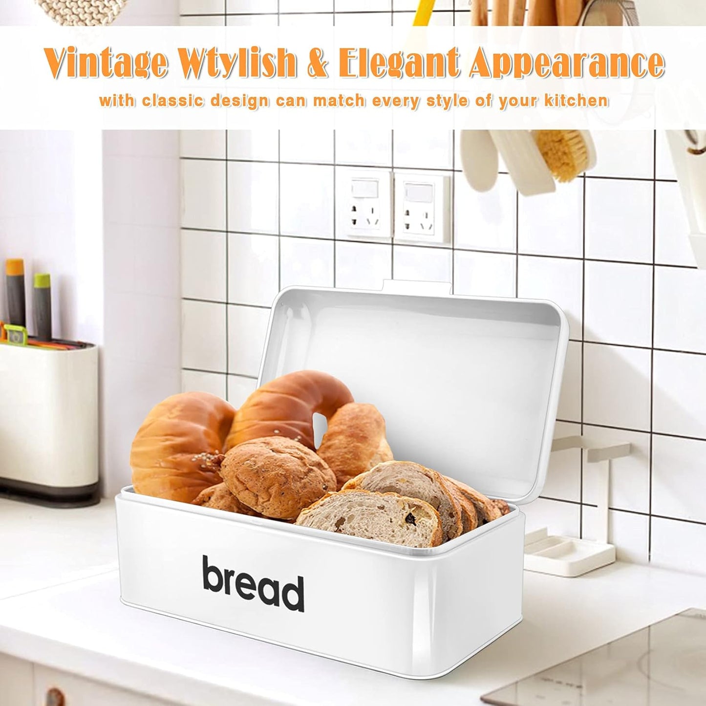 Bread Box(16.5" X 9"), Teal Bread Bin for Kitchen Counter, Storage Loaf/Doughnut/Cake/Biscuit/Baked Goods, Smooth Surface &Sturdy Handle & Air Holes, White