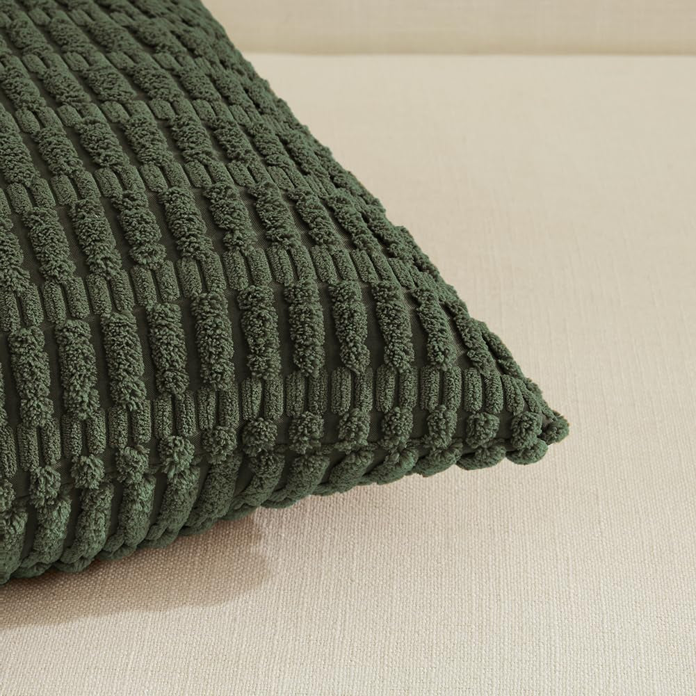 2 Packs Boho Olive Green Decorative Throw Pillow Covers 18X18 Inch for Couch Bed Sofa, Rustic Modern Farmhouse Home Decor, Soft Plush Corduroy Cute Square Cushion Case 45X45 Cm