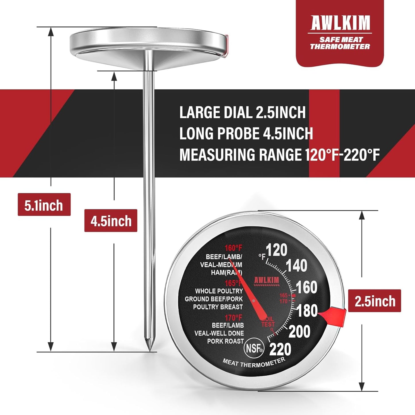 2 Pack Stainless Steel Meat Thermometer, Safe Leave in Oven, 2.5-In Extra-Large Dial Food Thermometer for Cooking, Temperature Probe for Baking, Steak, Turkey - Kitchen Gadgets - Black