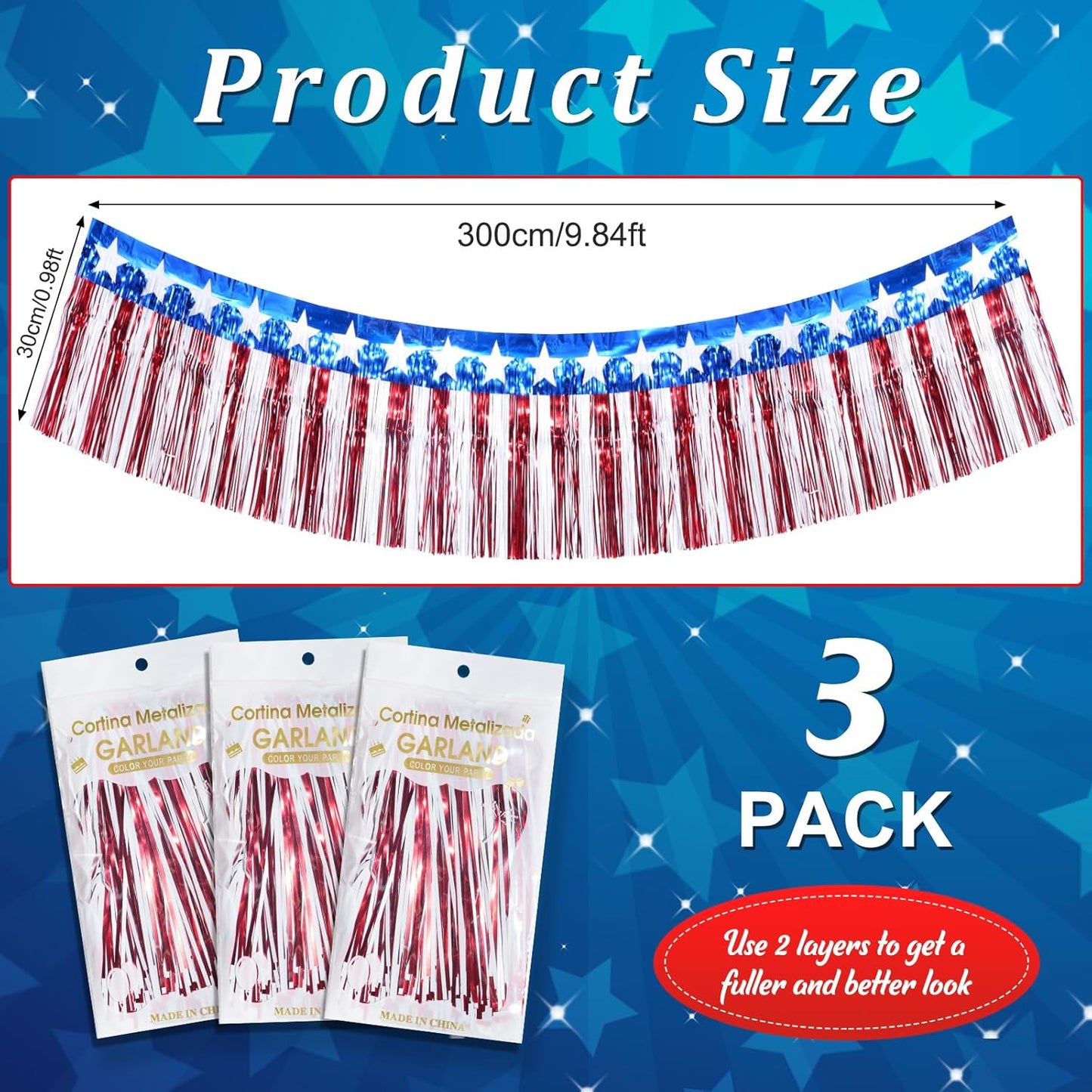3Pack 30Ft 4Th of July Decorations Banner USA Stars Foil Fringe Garland Tinsel Streamers Red White and Blue Flag for Independent Memorial Veterans Day Patriotic Party Indoor Outdoor Decorations