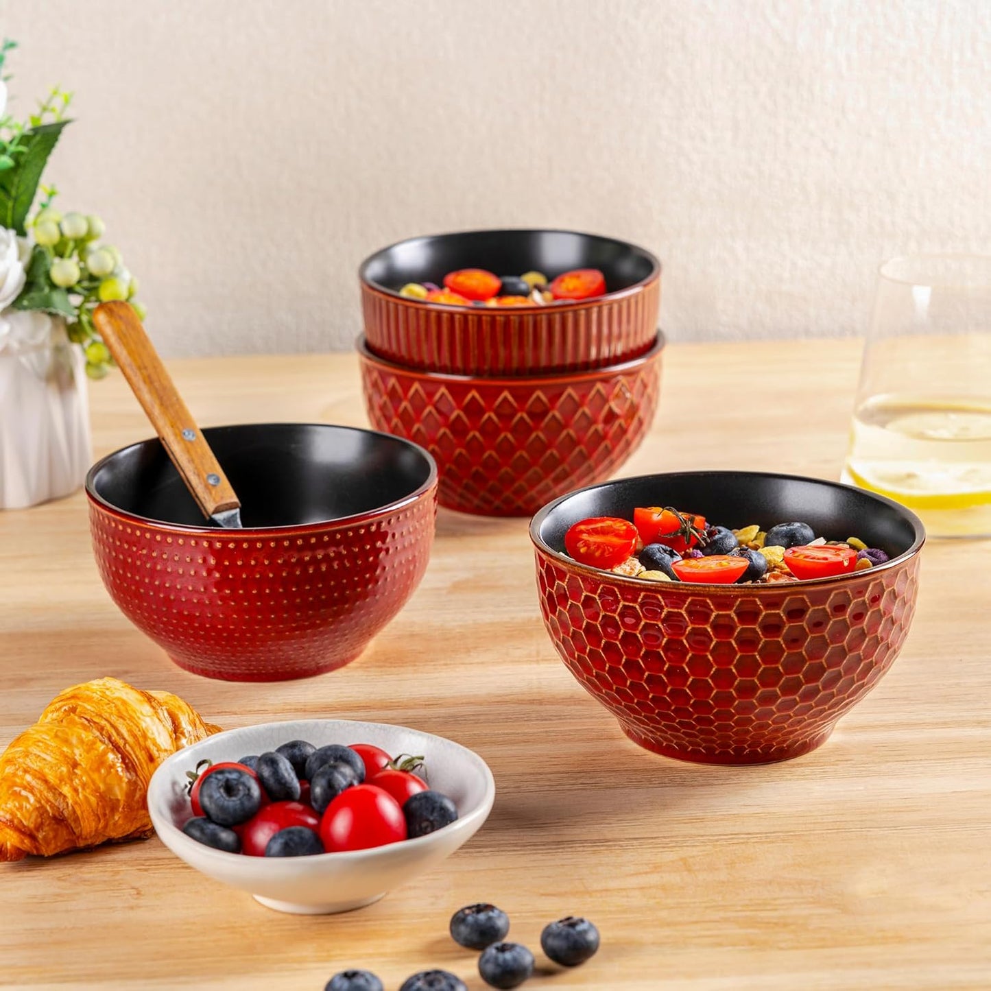 Set of 4 Textured Stoneware Cereal Bowls, 24 Oz Ceramic Soup Bowls Ideal for Soup, Oatmeal, and Snacks - Rythmic Red, Perfect for Weddings and Housewarming Gifts