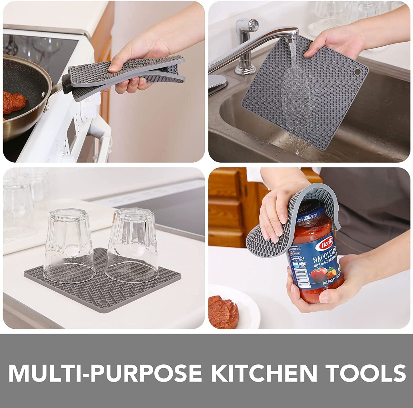 Trivets for Hot Dishes - Hot Pads for Kitchen, Silicone Pot Holders for Hot Pots and Pans, Silicone Mats for Kitchen Countertops, Table, Flexible Easy to Wash and Dry, Grey