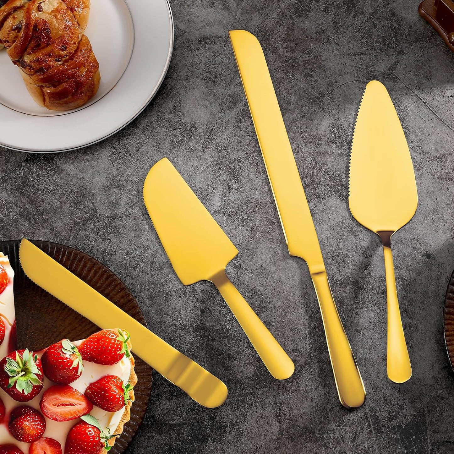4 Pcs Gold Cake Cutting Set, Premium Cake Cutter & Pie Server Set for Wedding, Thickened Stainless Steel Cake Knife and Server with Rounded Edges, Pie Server Spatula Birthday Christmas Gift