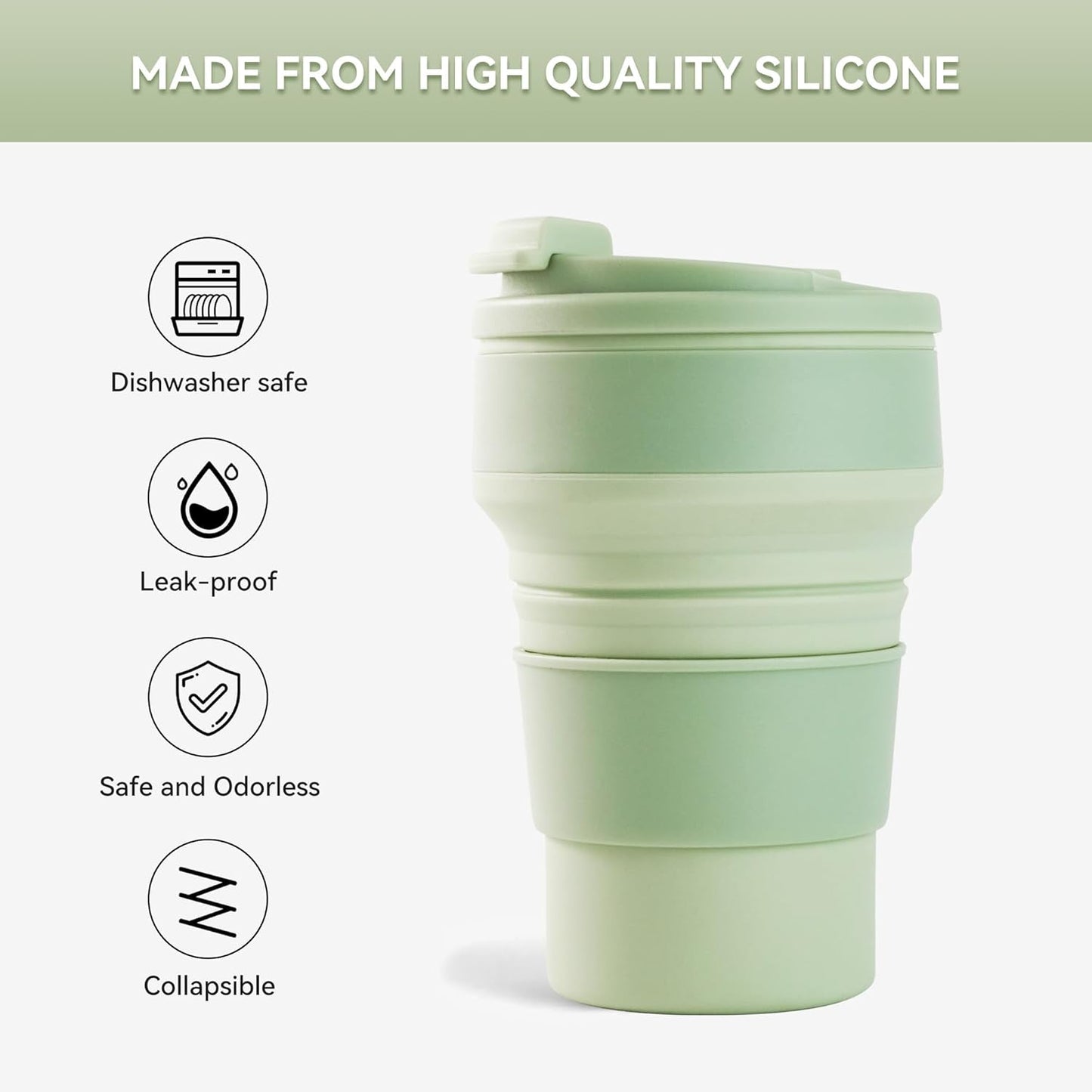 2Pcs Collapsible Cup for Traveling, Collapsible Silicone Travel Cup for Hot and 2 Drinks, Leak Proof Silicone Folding Travel Coffee Mug for Camping & Hiking, BPA Free 12Oz Green