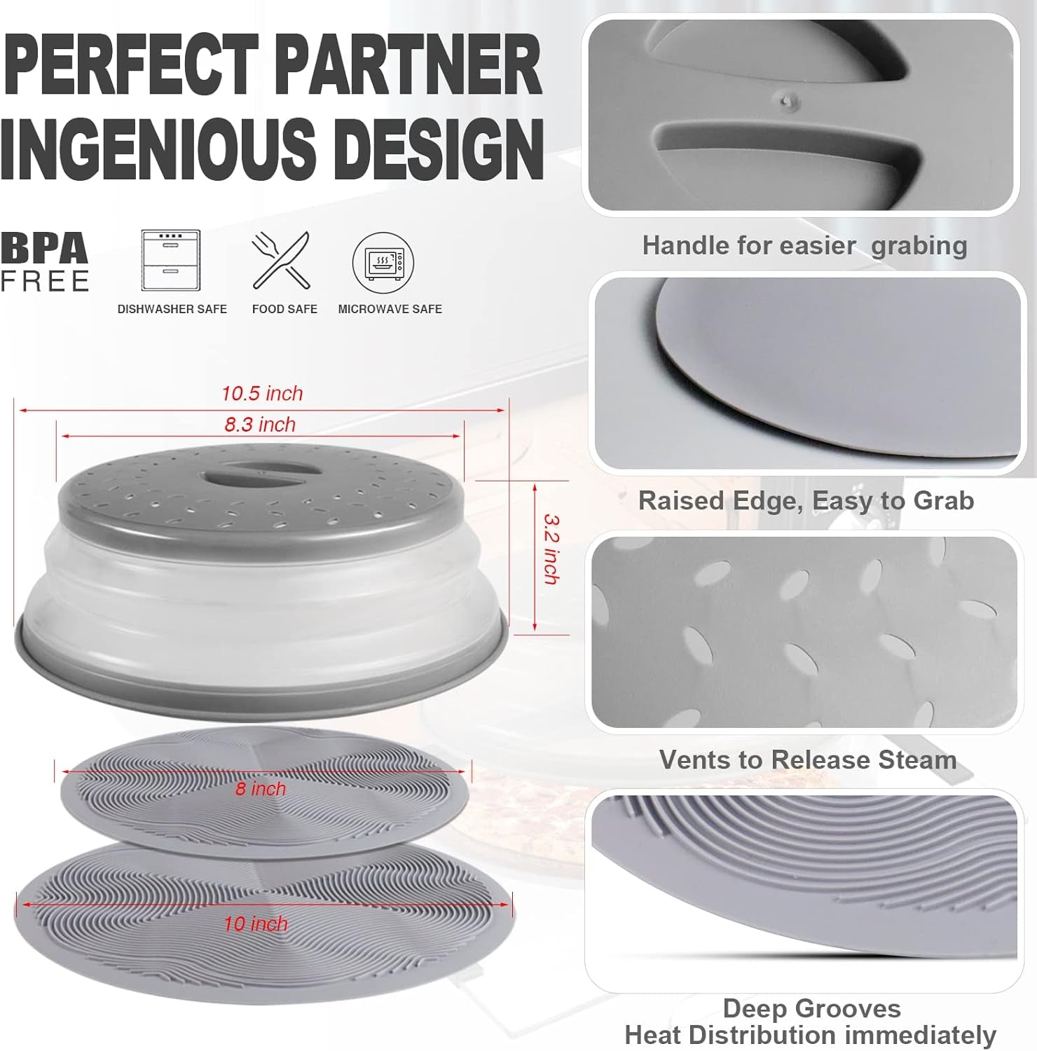 3 in 1,  Microwave Mat & Food Cover- 10" Mat as Bowl Holder, 8" as Bowl Cover, Collapsible Lid for Plates Dishes Splatter Guard, Multi-Purpose Silicone Mat & Kitchen Colander for Meal Prep,Grey