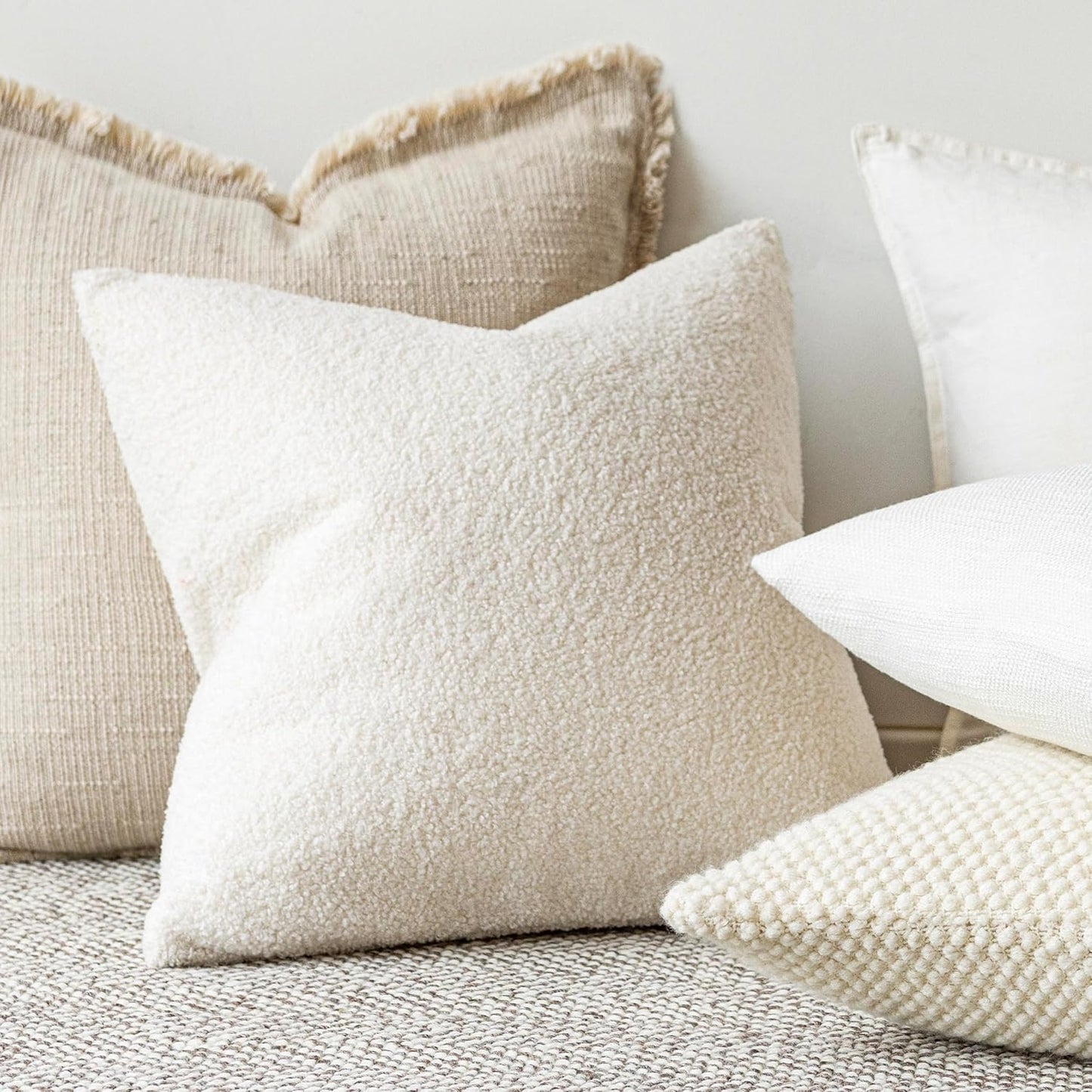 Pack of 2, Curly Faux Fur Decorative Throw Pillow Covers Soft Neutral Plush Cushion Case with Zipper Cozy Pillowcase for Home Living Room Couch Bed Sofa 16 X 16 Inch, Cream White