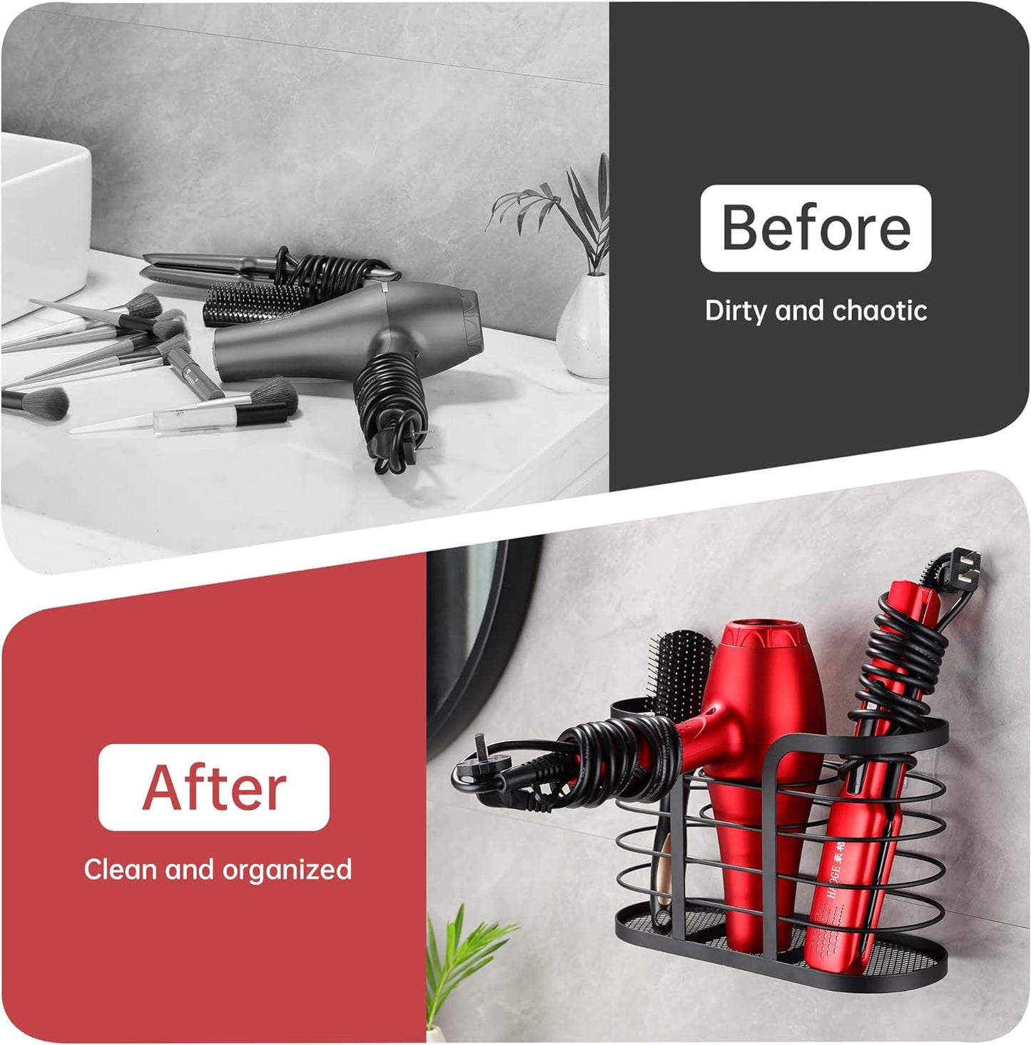 Wall-Mounted Hair Dryer Holder - Adhesive Bathroom Organizer for Hot Tools and Electric Shavers, Black