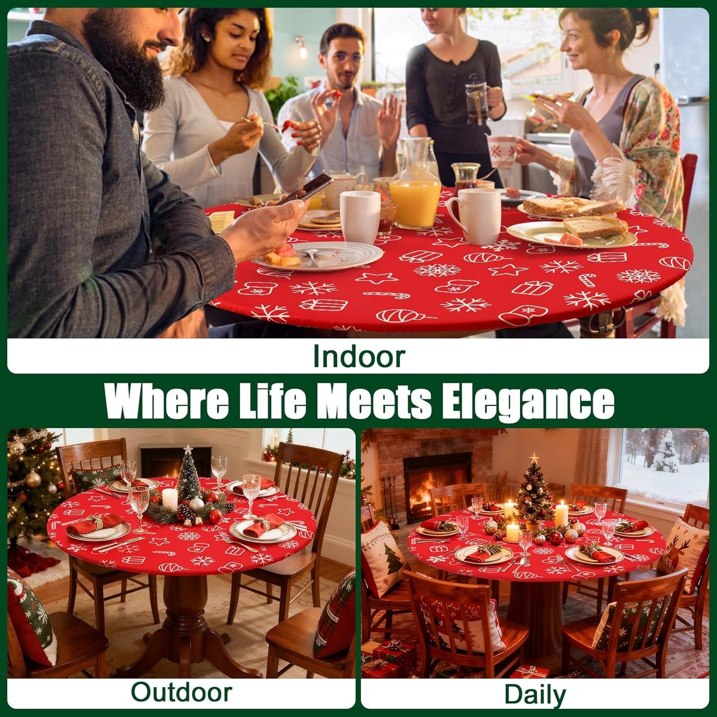 round Spandex Tablecloth, Elastic Fitted Washable Tablecloths for 36"-44" Tables, Waterpoof Stretch Picnic Table Cover for Dining, Indoor and Outdoor, Snowflake