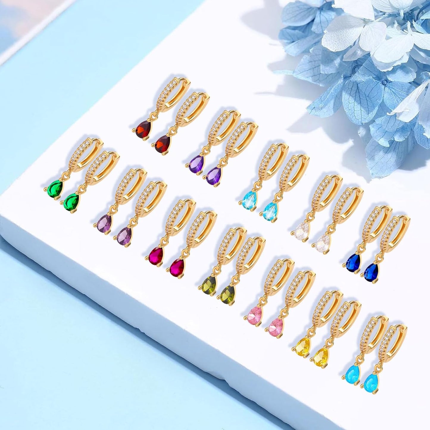 14K Gold Birthstone Trendy Dangle Earrings for Women Teardrop Small Hoop Huggie Hypoallergenic CZ Minimalist Open Earrings Jewelry for Women Gift