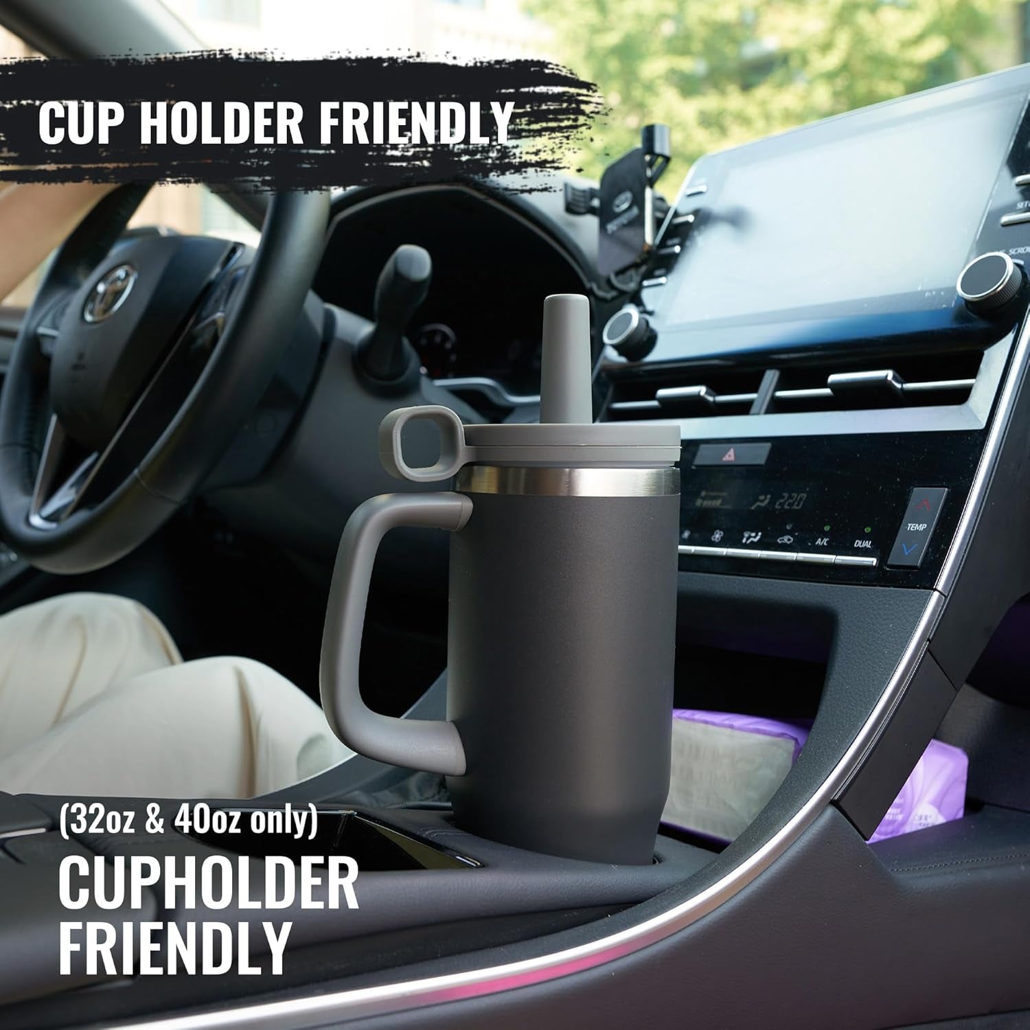 32Oz Tumbler, Insulated Stainless Steel Water Bottle with Straw, Cover Cap, Leak Proof Travel Tumbler with Handle, Bpa-Free, Cupholder Friendly, Gifts for Women & Men, Black