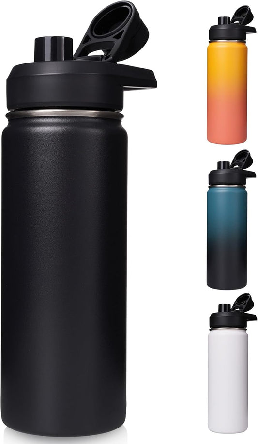 18 Oz Insulated Water Bottle with Handle, 304 Stainless Steel Water Bottles with Wide Mouth, Double Wall Vacuum Sports Water Bottle, BPA Free, Keep Cold and Hot, Black