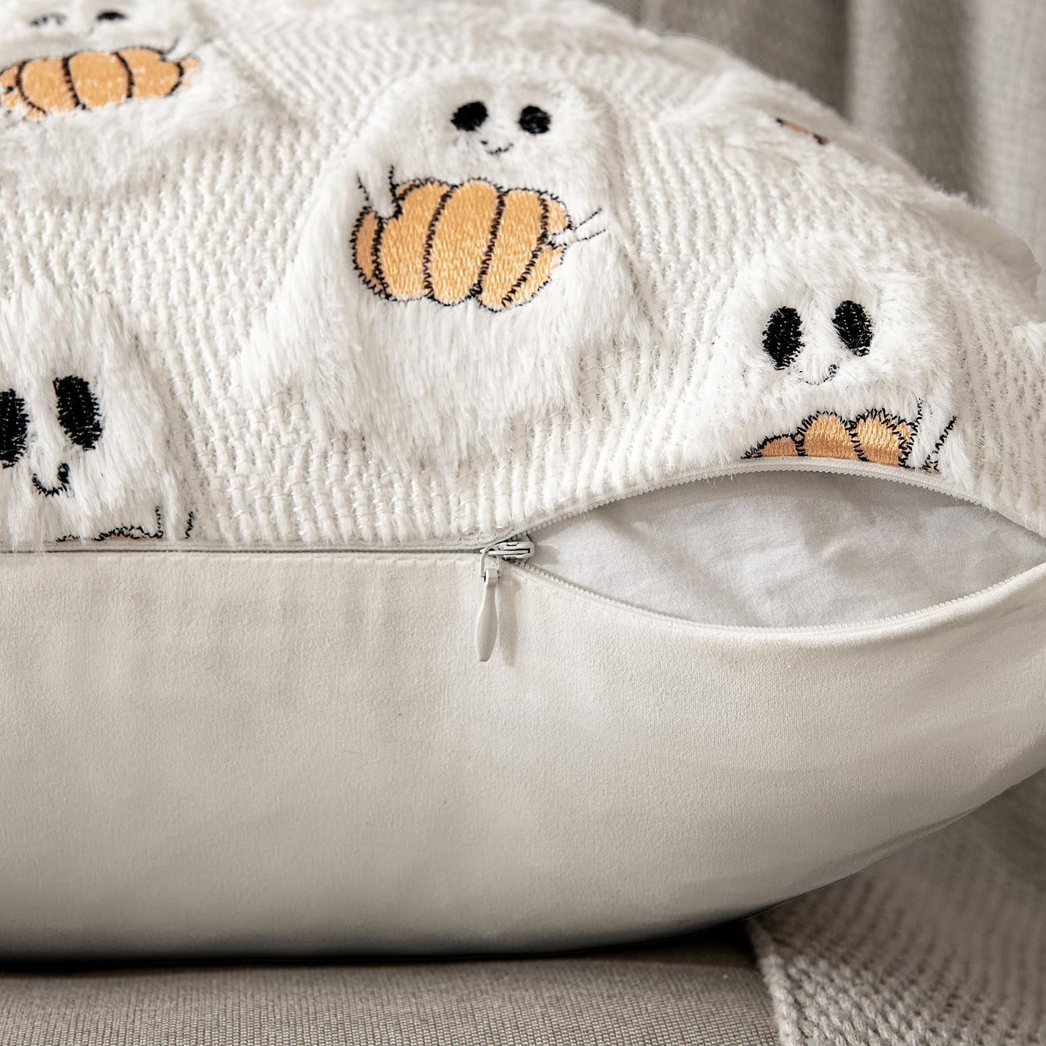 Halloween Pillow Covers Decorative Fall Cute Ghost Plush Faux Fur Pillows 18X18 Inch Set of 2 Soft Pumpkin Accents for Sofa Couch Bed Living Room Festive Home Decor, White Orange