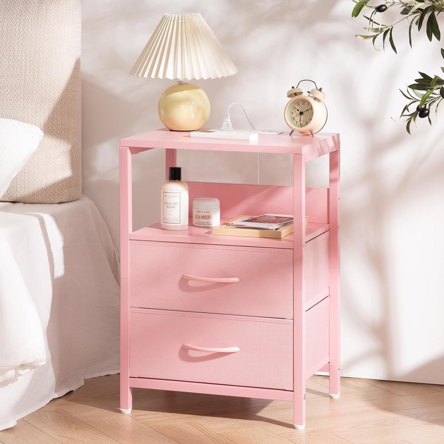 Nightstand with Charging Station, Small Night Stand with Fabric Drawers and Storage Shelf for Bedrooms, Nightstands for Small Spaces, Bedside Table with USB Ports & Outlets Bed Side Table