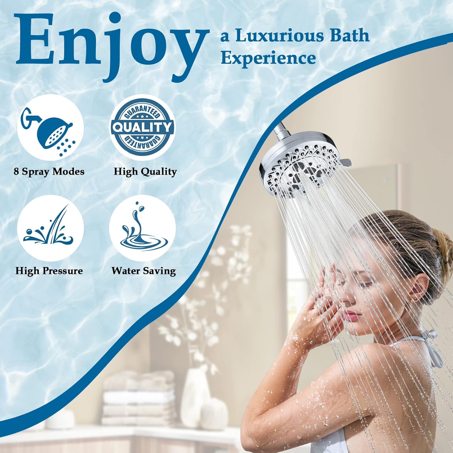 8 Spray Modes Shower Head, 5 Inch High Pressure Shower Heads with 62 Anti-Clogging Nozzles and Adjustable Brass Ball Joint, Chrome Finish, Replacement for Bathroom Showerhead