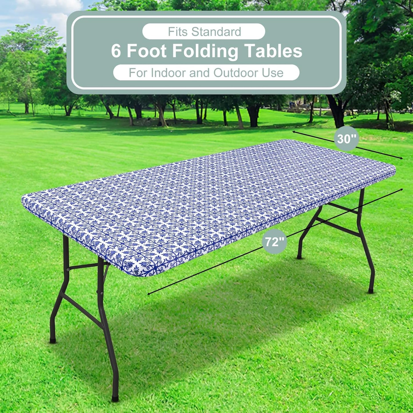 Rectangle Vinyl Table Cloth, Elastic Fitted Flannel Backed Tablecloth, 100% Waterproof Plastic Table Cover Fits 6 Foot Folding Tables for Picnic, Camping, Outdoor (Blue, 30" X 72")