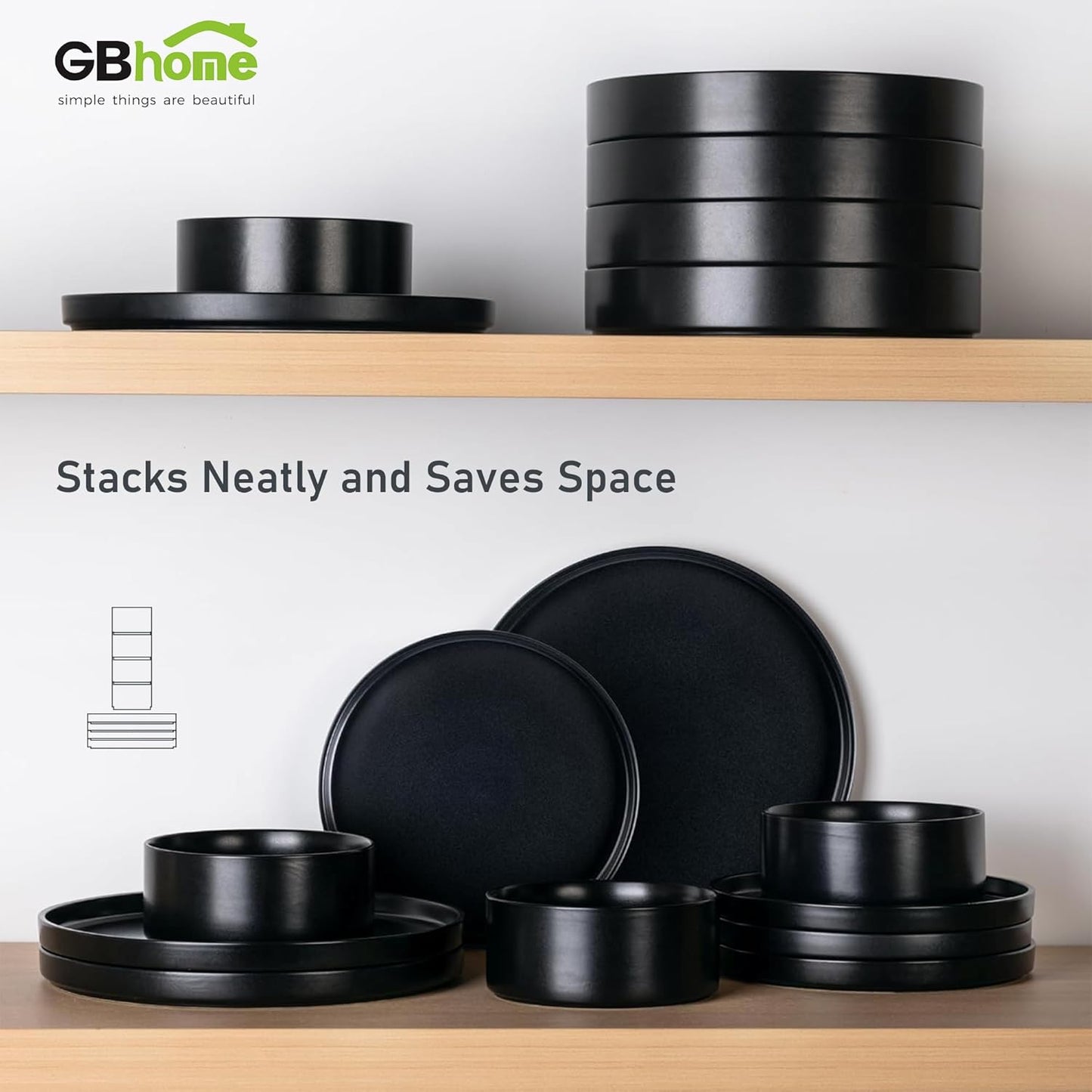 Matte Black Stoneware Dinnerware Set for 6 - Chip and Scratch Resistant, Dishwasher, Microwave, and Oven Safe with Reactive Glaze