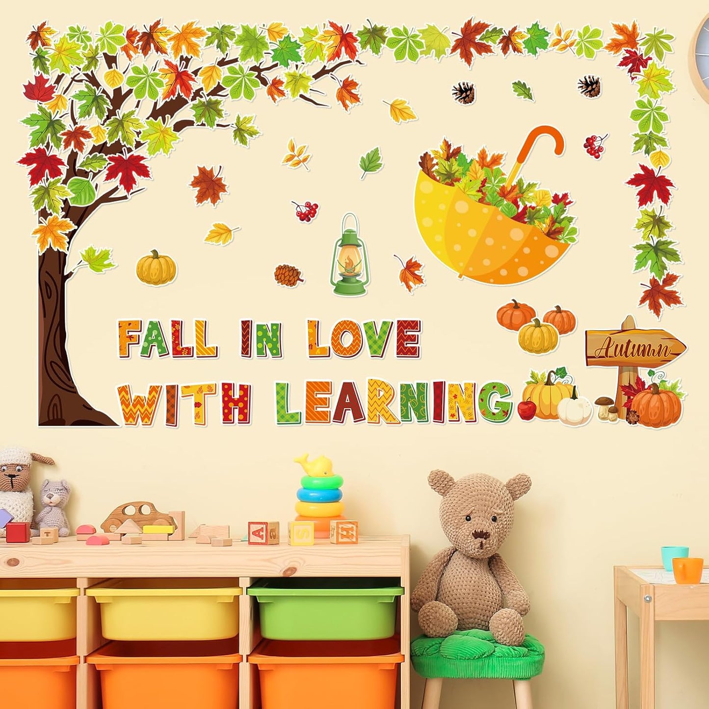 91Pcs Fall in Love with Learning Bulletin Board Decor Set Fall Tree Pumpkin Maple Leaves Umbrella Cutouts with Glue Points for Thanksgiving Autumn Home School Classroom Wall Blackboard Decorations