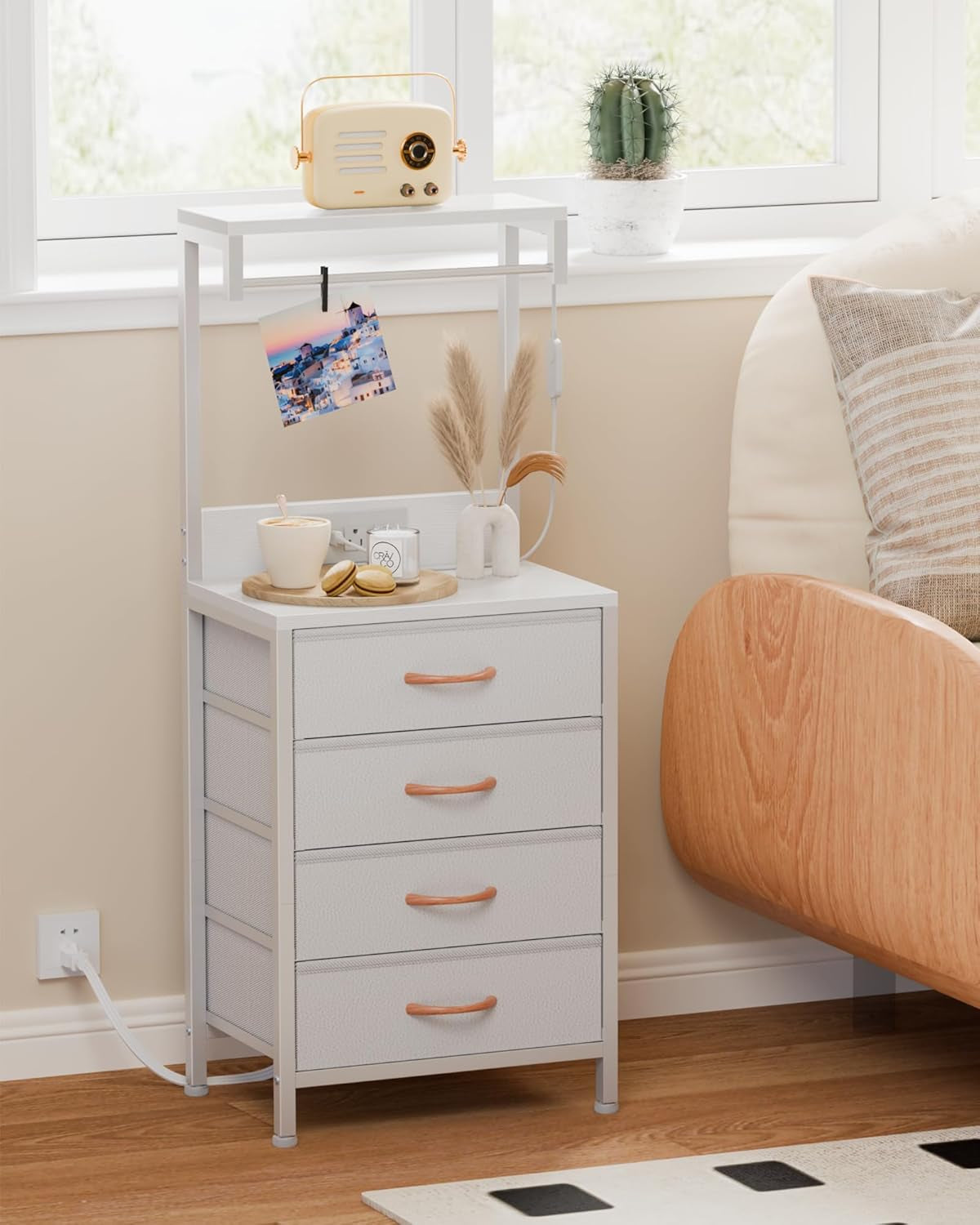 White Tall Nightstand with Charging Station and LED Lighting, Multifunctional Bedside Table with 4 Fabric Drawers, Metal Frame and Wood Shelves for Bedroom, Office, and Hallway