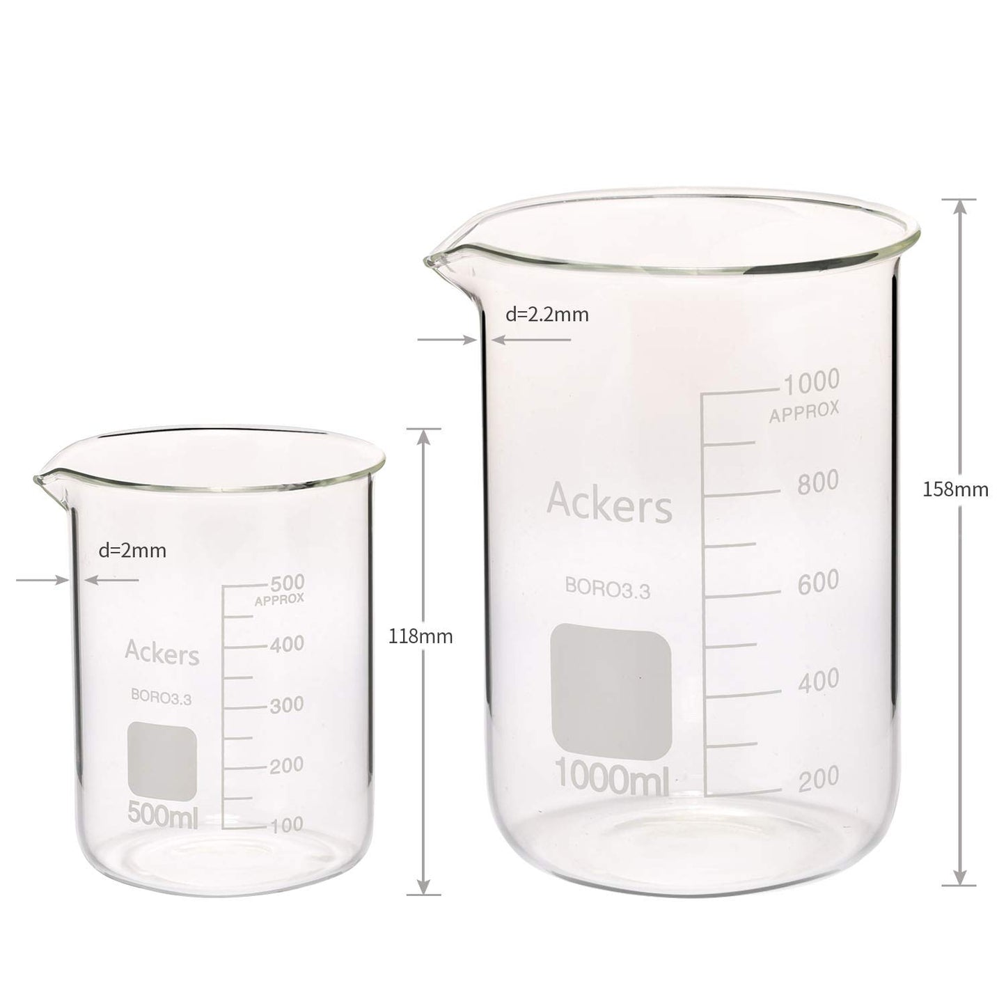 Ackers Boro3.3,Griffin Low Form Scientific Glass Beaker Set-50Ml,100Ml,250Ml,500Ml,1000 Ml (Pack of 5)