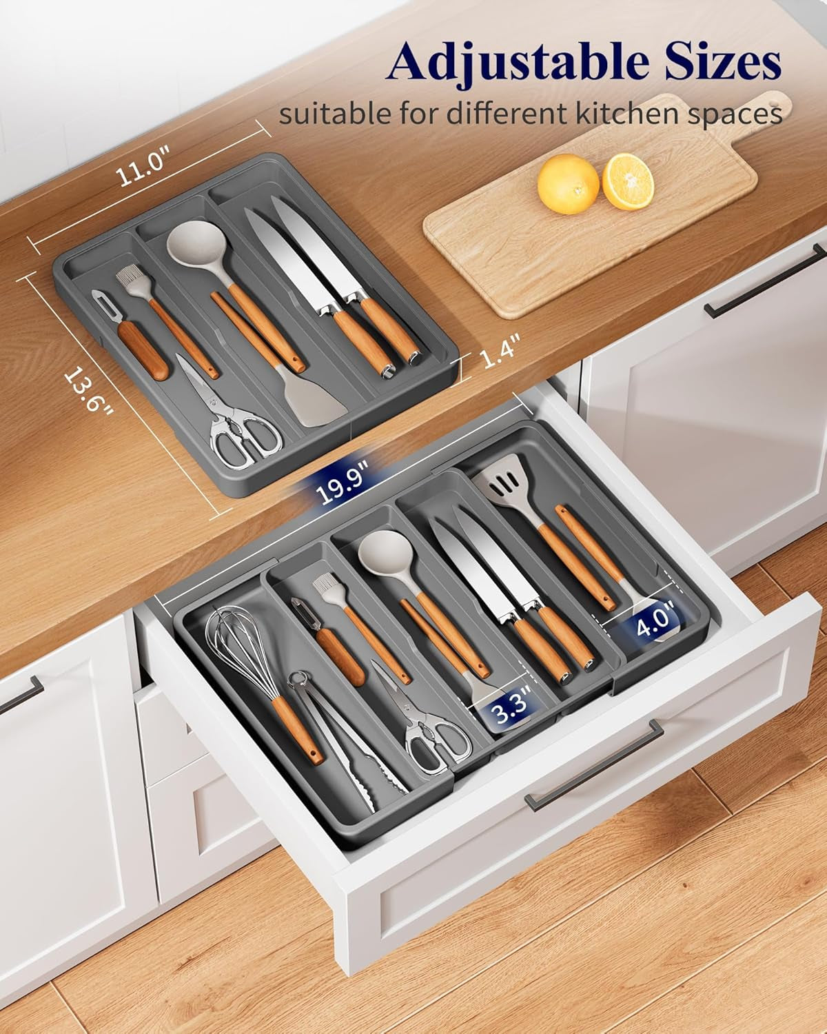Expandable Silverware Organizer – Large Utensil Drawer Kitchen Organization with 5 Compartments, Easy-Clean, Home & Apartment Essentials, Grey, 13.6" X 1.4"X 11.0"~19.9"