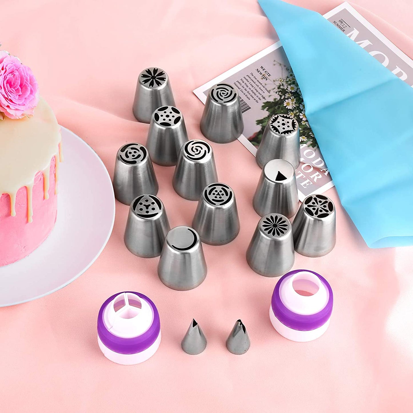 47 Pcs Russian Piping Tips Set, 12 Flower Frosting Nozzles Icing Tips for Cake Decorating Tips Kit, Baking Supplies for Cookie Cupcake, 2 Leaf Piping Tips 2 Couplers 30 Pastry Baking Bags