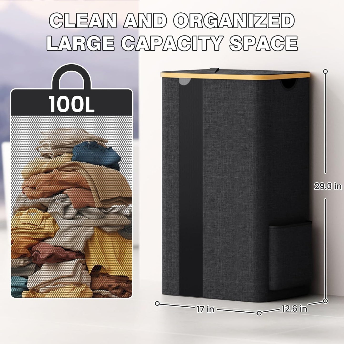 100L Laundry Basket with Lid, Removable Hamper and Handles, Breathable Design for Bedroom, Bathroom, Dorm, and Laundry Room - Dark Grey