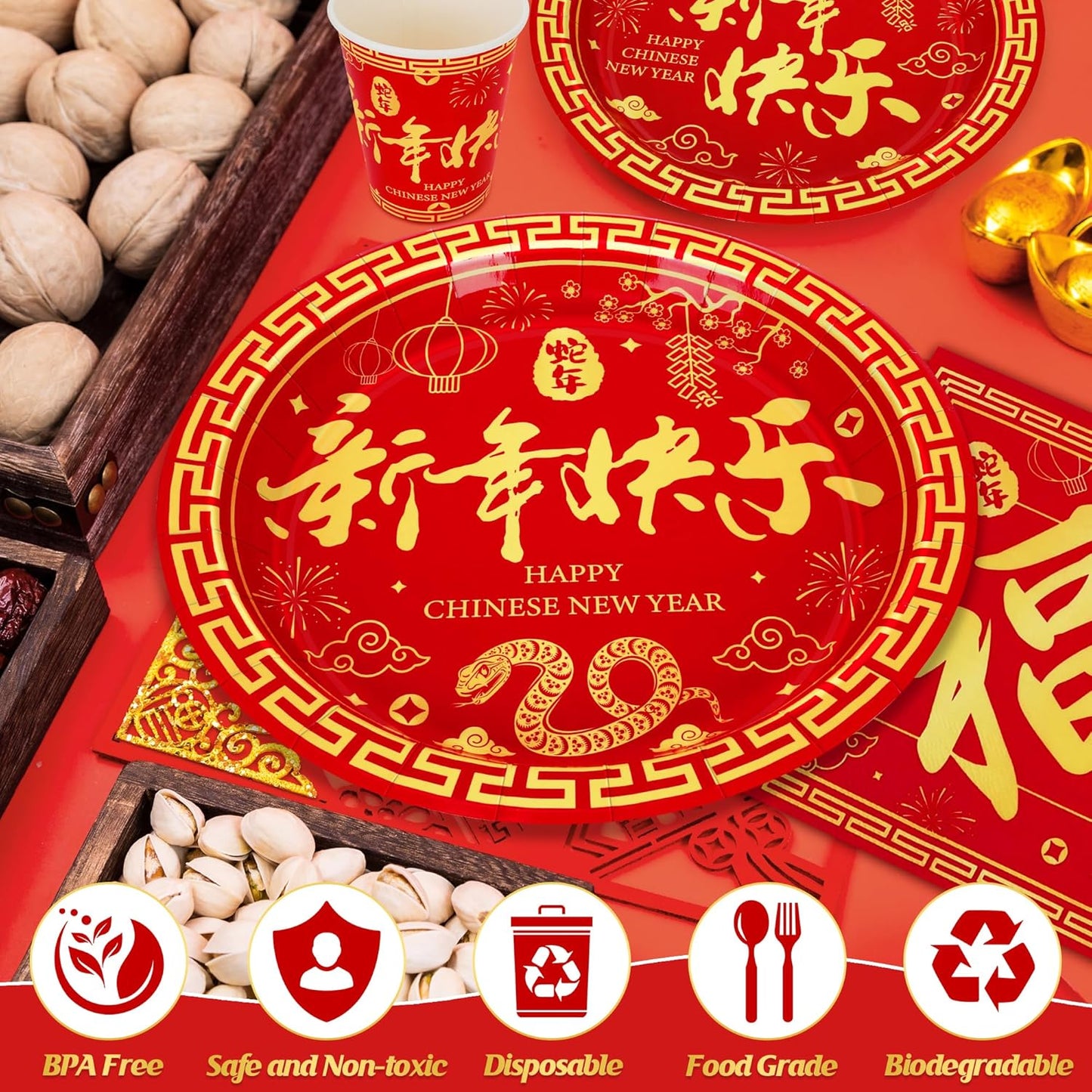 96 PCS Chinese New Year Decorations 2025, 24 SET Disposable Plates, Napkins, Cups & Paper Plates, Year of the Snake 2025 Lunar New Year Party Supplies