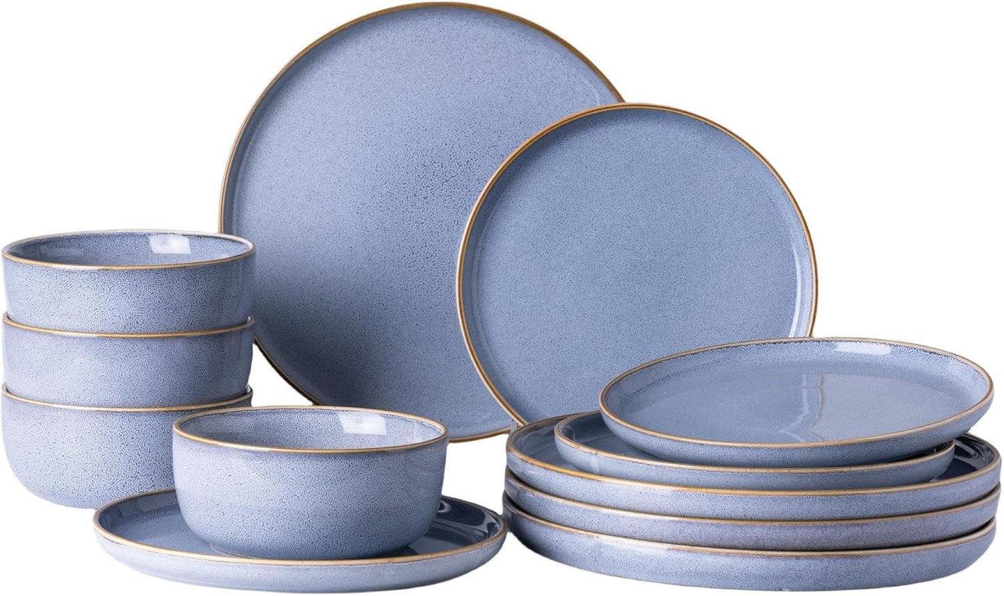 Ceramic Dinnerware Set for Four - 12-Piece Stoneware Plate and Bowl Collection, Scratch-Resistant, Dishwasher and Microwave Safe, Brunnera Blue