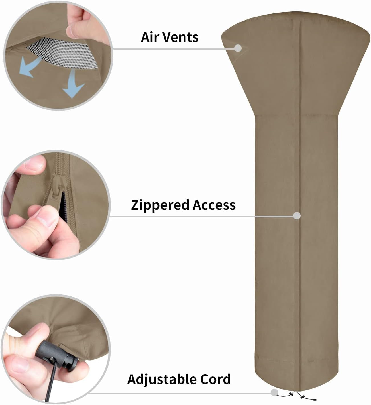 Patio Heater Cover with Zipper and Storage Bag, Waterproof Outdoor Heater Cover Dustproof, Uv-Resisant, Wind-Resistant (89" H X 33" D X 19" B, Camel)