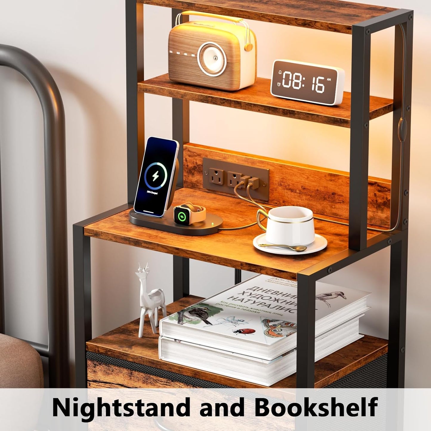Tall Nightstand with 4-Tier Shelves, 3 Fabric Drawers, LED Charging Station, Rustic Brown Bedside Table for Bedroom, Hallway, and Office