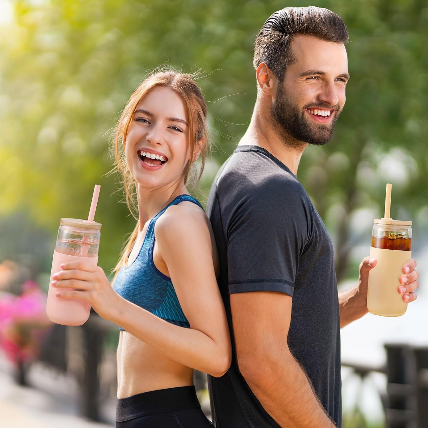 20 OZ Glass Cups with Bamboo Lids and Straws - Beer Can Drinking Glasses with Silicone Protective Sleeve Set, Iced Coffee Glasses, Cute Tumbler Cup for Water, Tea, Gift - Pink, Amber