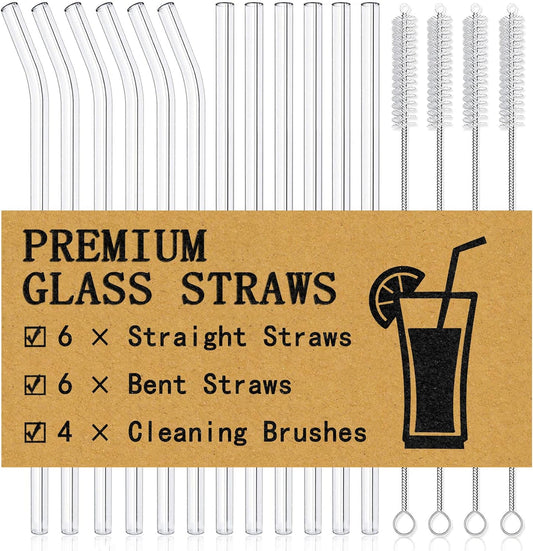 ® 16-Pack Reusable Glass Straws Set, Clear Glass Drinking Straws, 8.5''X10Mm, Set of 6 Straight and 6 Bent with 4 Cleaning Brushes, Perfect for Smoothies, Milkshakes, Juice, Tea
