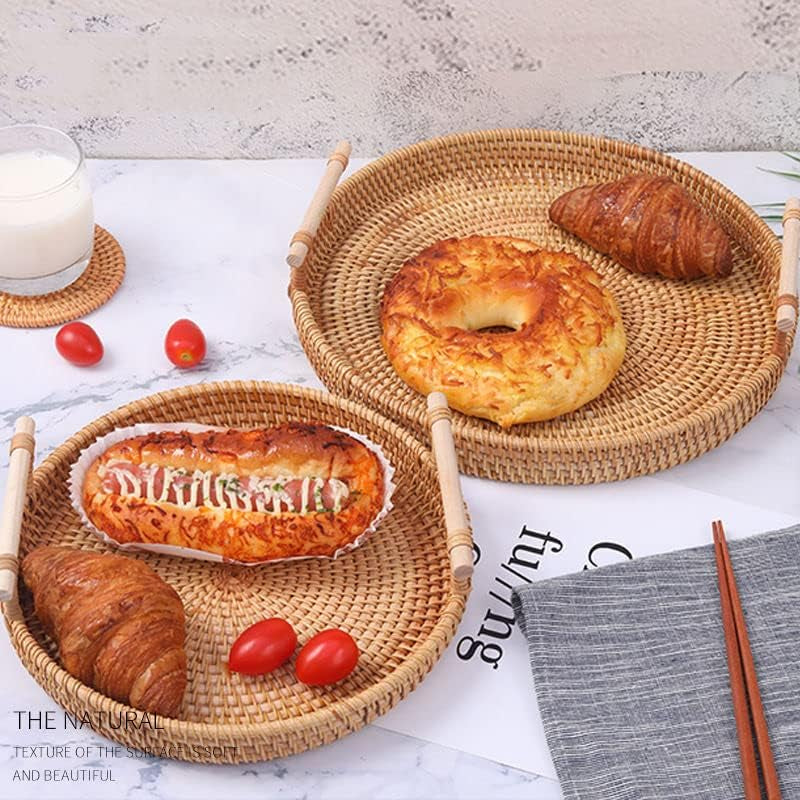 Rattan round Serving Tray Wicker Woven Bread Basket with Handles for Cracker Dinner Parties Coffee Table Breakfast (Natural 12.6 Inches)