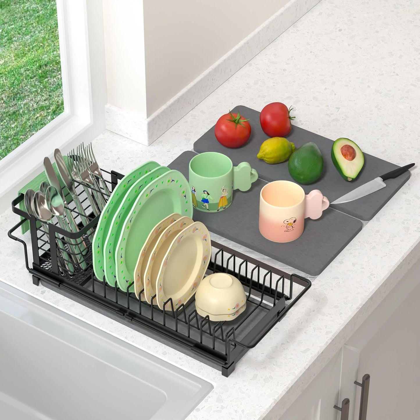 Expandable Small Dish Drying Rack with Diatomite Mat and Utensil Holder for Kitchen Sink, 5.4”W x 12.1”-18.9”L