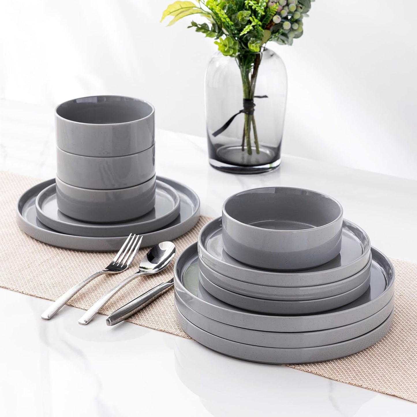 12-Piece Speckled Dinnerware Set for 4, Chip and Scratch Resistant Stoneware Plates and Bowls with Glazed Bottom, Dishwasher and Microwave Safe (Limestone)