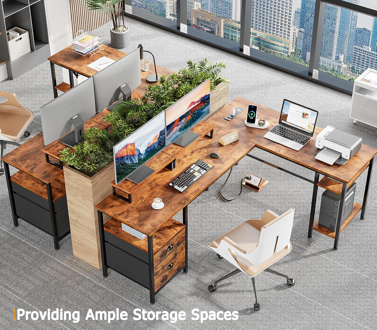 66” L Shaped Desk with Power Outlet, Reversible Computer Gaming Desk with File Drawer & 2 Monitor Stands for Home Office with Storage Shelves, Rustic Brown