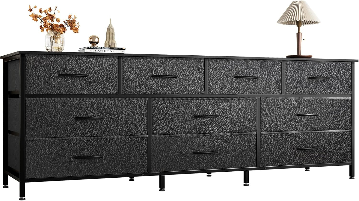 63-Inch Versatile Dresser with 10 Fabric Drawers, Ideal TV Stand for 55 to 70 Inch TVs, and Toy Storage Organizer in Black
