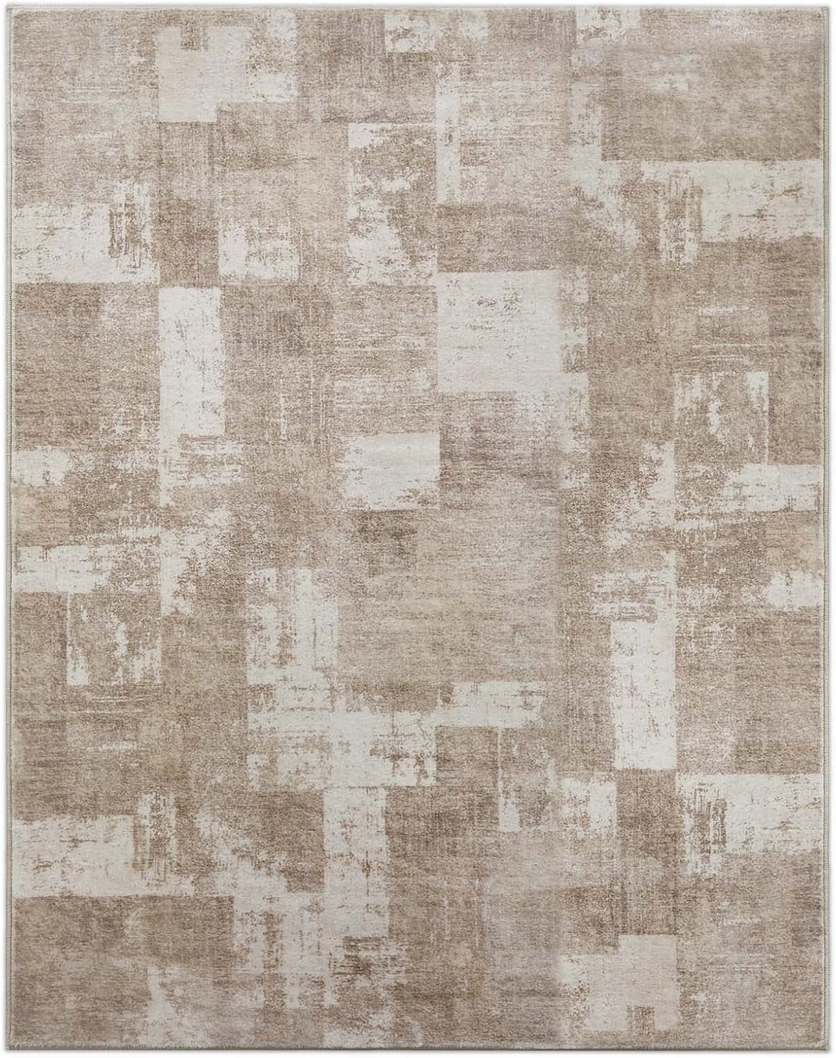 Area Rug Living Room Rugs: 5X7 Indoor Soft Small Low Pile Carpet Abstract Decor Large Washable for Bedroom Dining Room under Kitchen Table Home Office - Beige/Ivory