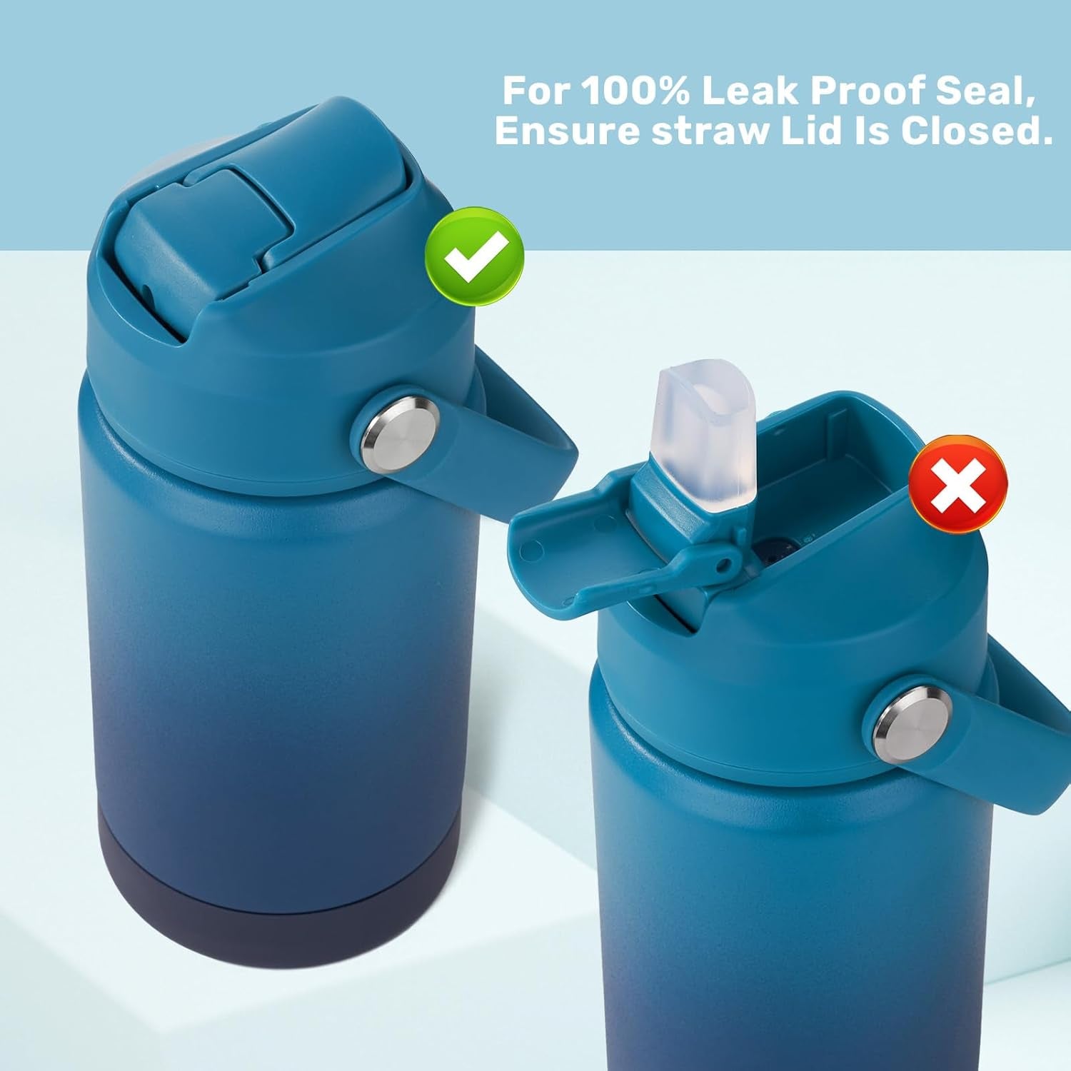 12 Oz Water Bottle, Kids Water Bottles for School, Toddler Water Bottle with Straw & Handle, 304 Stainless Steel Insulated Water Bottle, Non-Slip Silicone Base, BPA Free, Gradient Blue