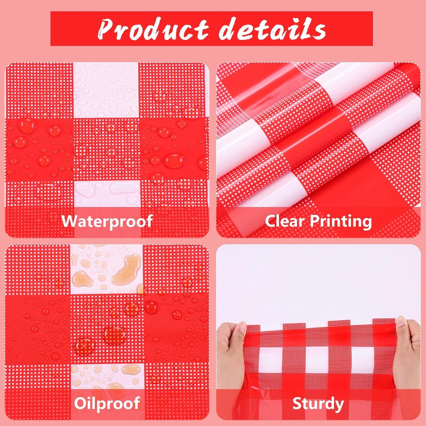 Red Gingham Plastic Tablecloth Roll 54 Inch X 120Ft Red Checkered Disposable Plastic Table Cover Rolls with Easy Slide Self Cutter Box- Cut to Any Size Disposable Tablecloth for Picnic Party