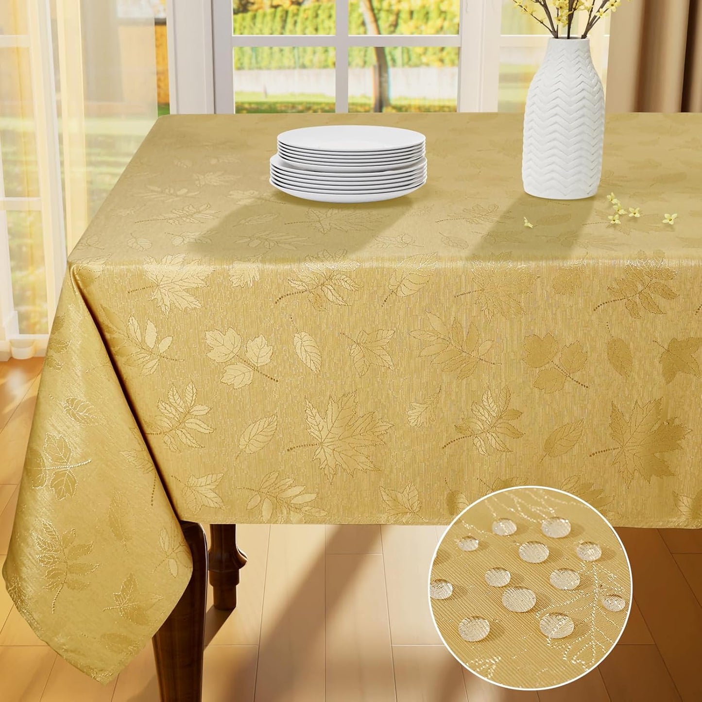 Rectangle Thanksgiving Tablecloth, 60X84 Inch Fall Waterproof Damask Table Cloth, Autumn Leaves Fabric Jacquard Table Covers for Harvest Parties, and Holiday Dinner, Gold