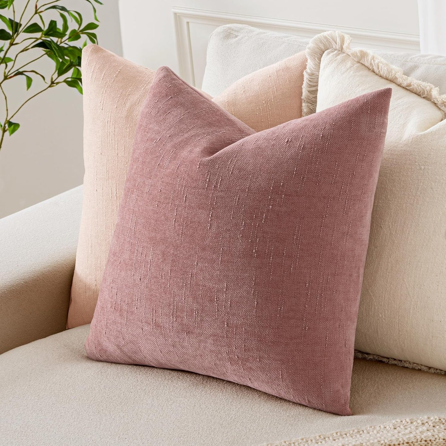 Set of 2 Soft Chenille Decorative Throw Pillow Covers - Solid Textured Cushions for Spring and Valentine's Day, 20x20 Inch, Blush Pink