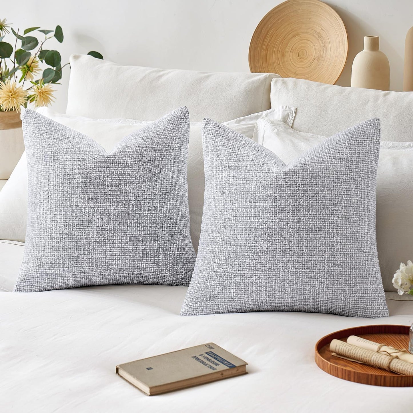 Burlap Linen Throw Pillow Covers 18X18 Inch Set of 2 Blue Grey Decorative Pillows Modern Farmhouse Pillowcases Soft Accent Cushion Covers for Outdoor Couch Sofa Bedroom Livingroom Home Decor