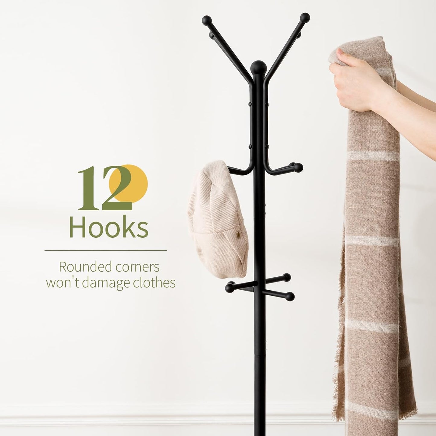 Coat Rack Freestanding, Coat Tree with Umbrella Holder, Metal Coat Rack Stand with 12 Hooks, Modern Coat Hanger Stand for Entryway, Purse Rack Hat Rack Stand for Living Room Bedroom Office