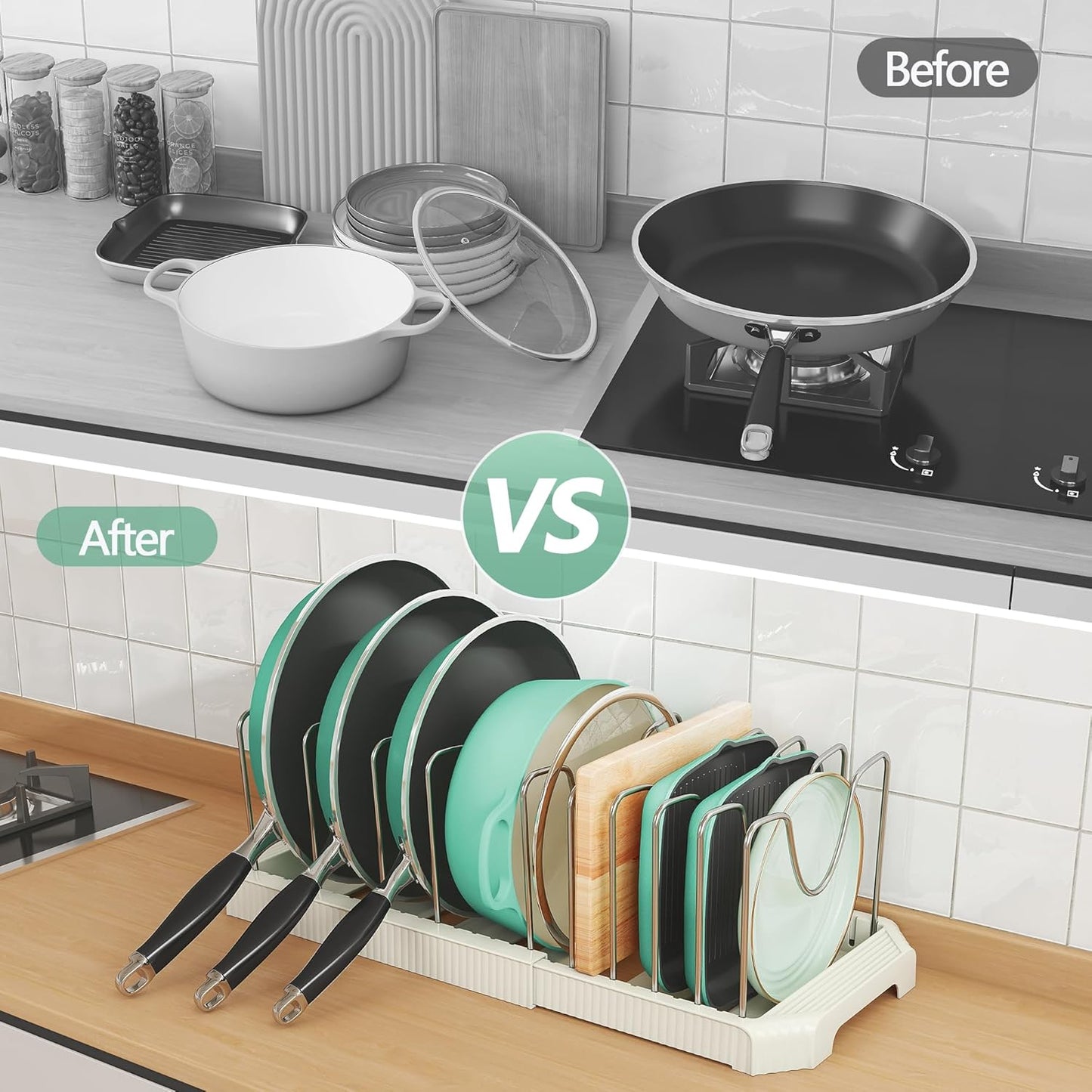 Pots and Pans Organizer for under Cabinet, Pan Pot Organizers inside Cabinet, Expandable Organizer with 10 Adjustable Dividers for Cookie Sheets, Cutting Boards, Pot Lids, Cookware - Frying Pan Rack