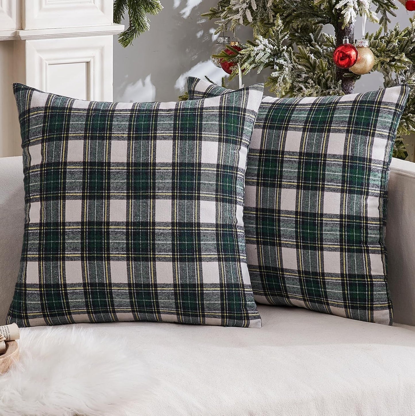 Christmas Set of 2 Scottish Tartan Plaid Throw Pillow Covers Farmhouse Classic Decorative Outdoor Square Cushion Cases for Decor Sofa Couch 18X18 Inch, Green and White