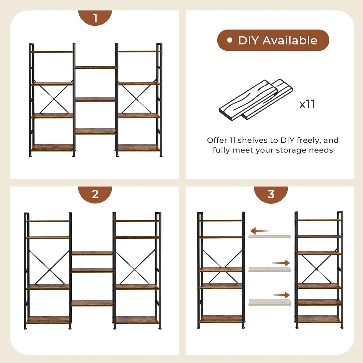 Triple 4-Tier Bookshelf with 11 Open Display Shelves - Wide Bookcase for Home and Office in Rustic Brown Finish