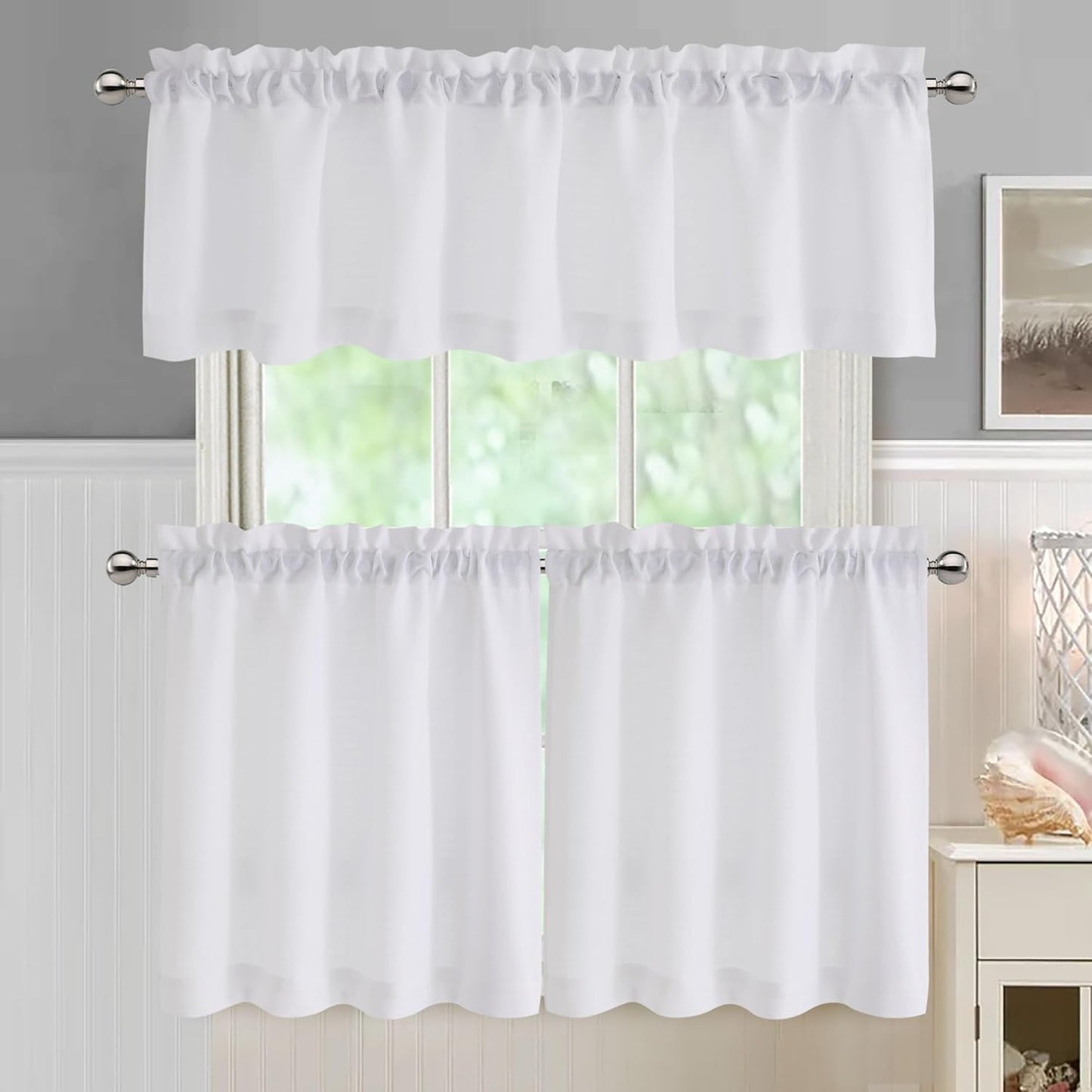 2 Panels White Curtains 24 Inch Length Tier Curtain, Faux Linen Textured Small Cafe Curtains, Light Filtering Short Camper Curtain for RV Window Bathroom, 30X24 Inch, 2PCS